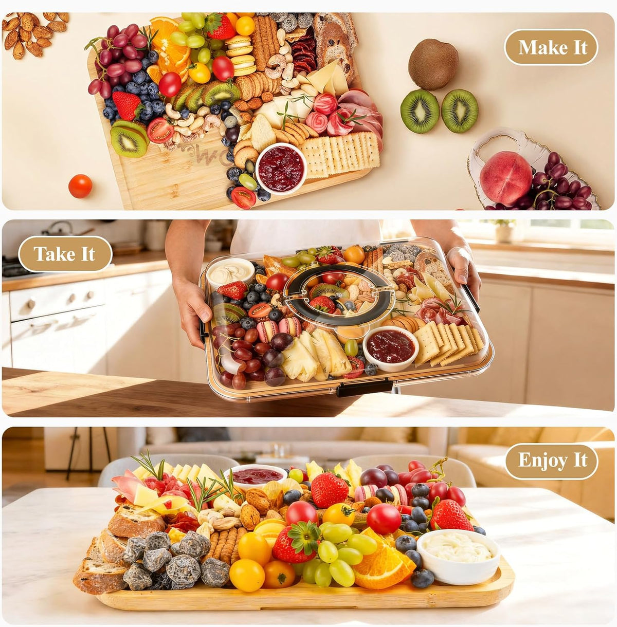 Portable Bamboo Charcuterie Board with Lid, 6 Compartments