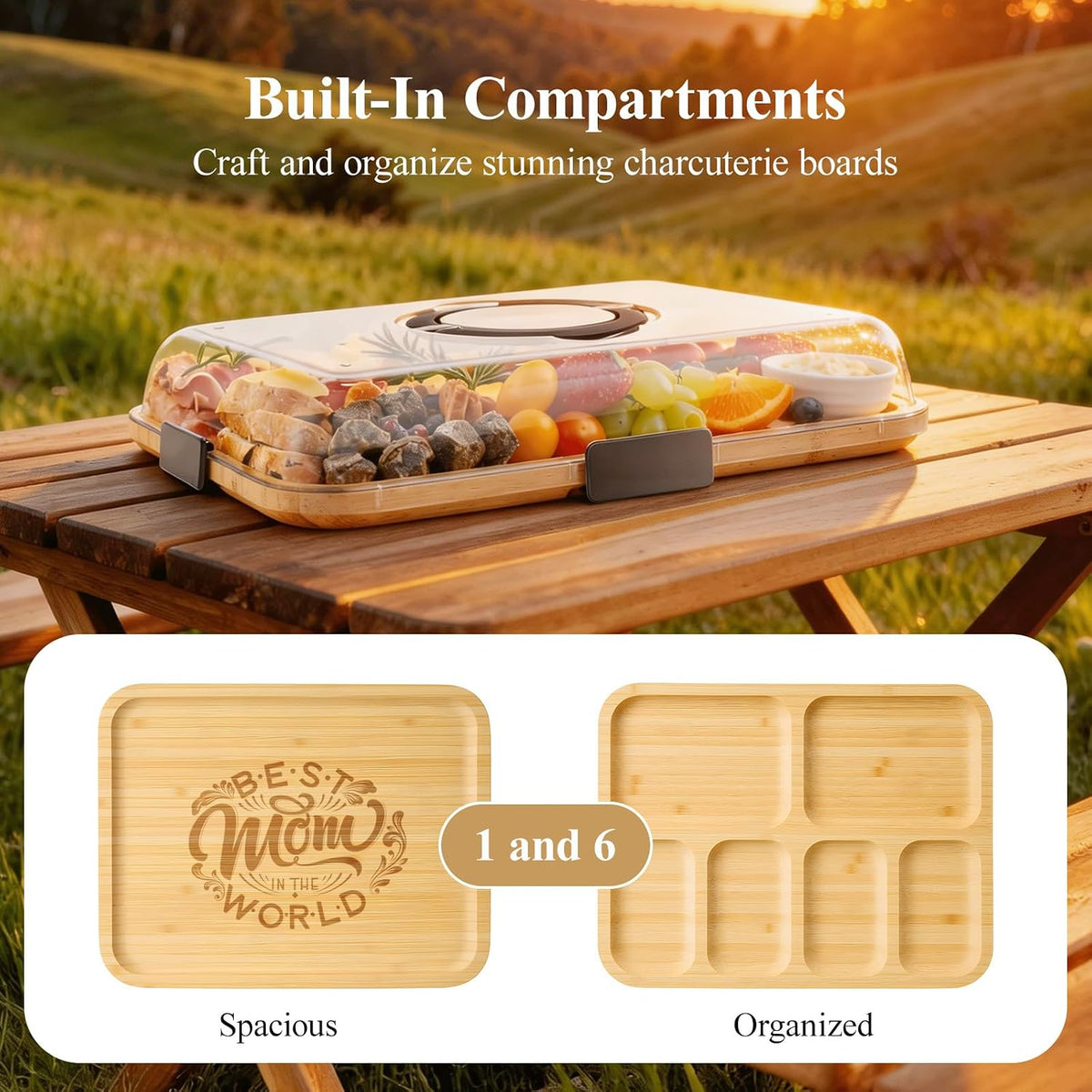 Portable Bamboo Charcuterie Board with Lid, 6 Compartments