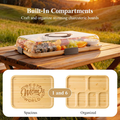 Portable Bamboo Charcuterie Board with Lid, 6 Compartments