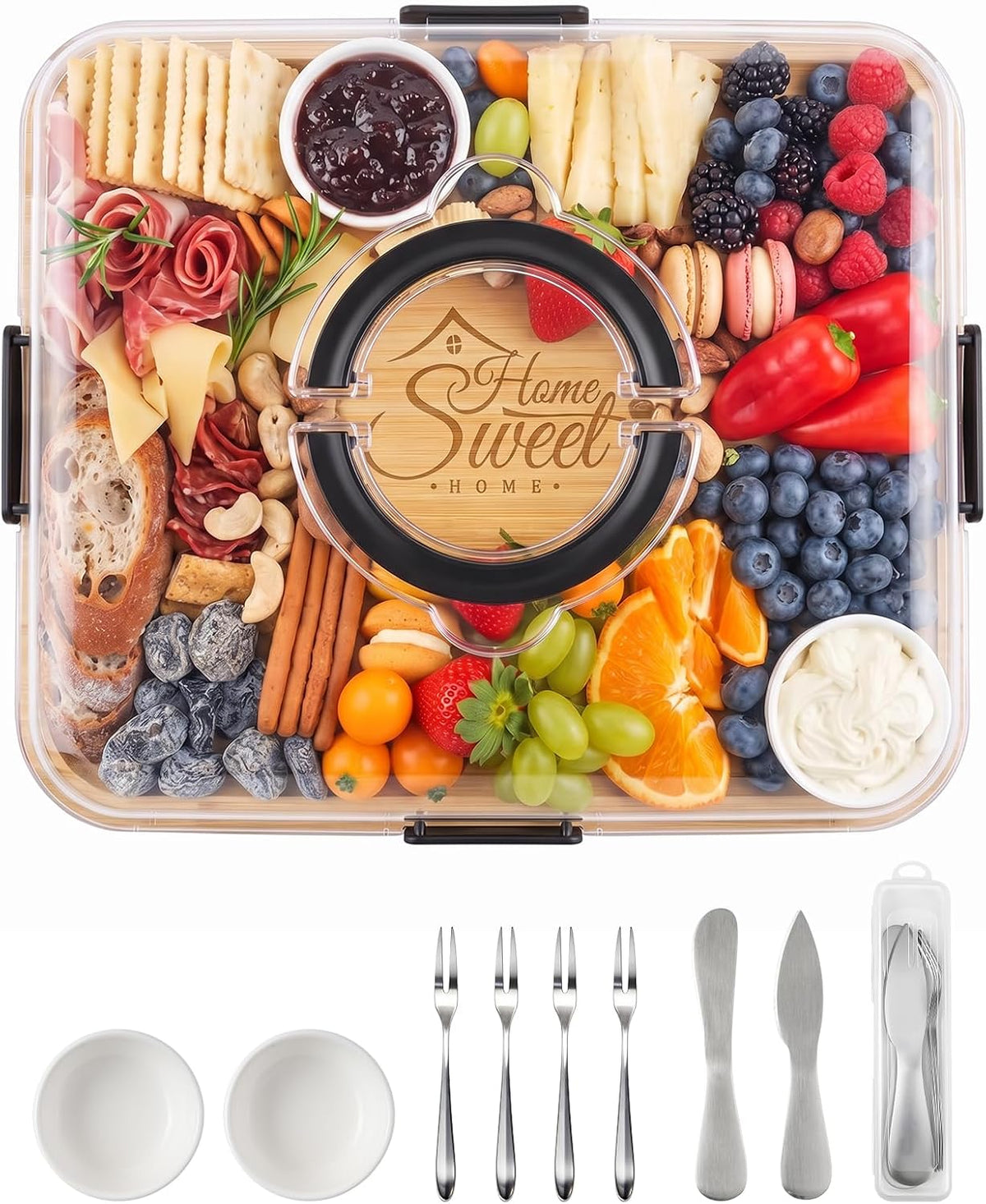 Portable Bamboo Charcuterie Board with Lid, 6 Compartments