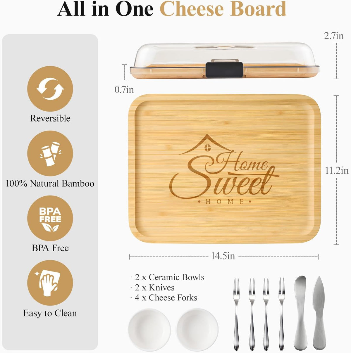 Portable Bamboo Charcuterie Board with Lid, 6 Compartments