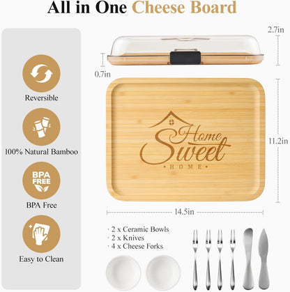 Portable Bamboo Charcuterie Board with Lid, 6 Compartments