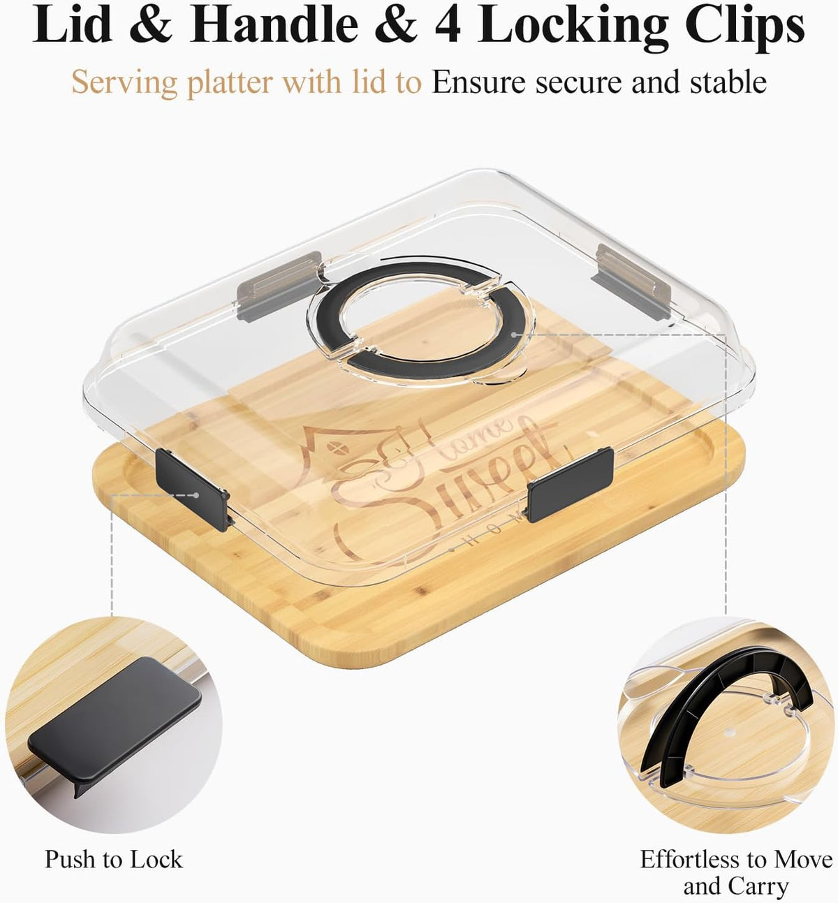 Portable Bamboo Charcuterie Board with Lid, 6 Compartments