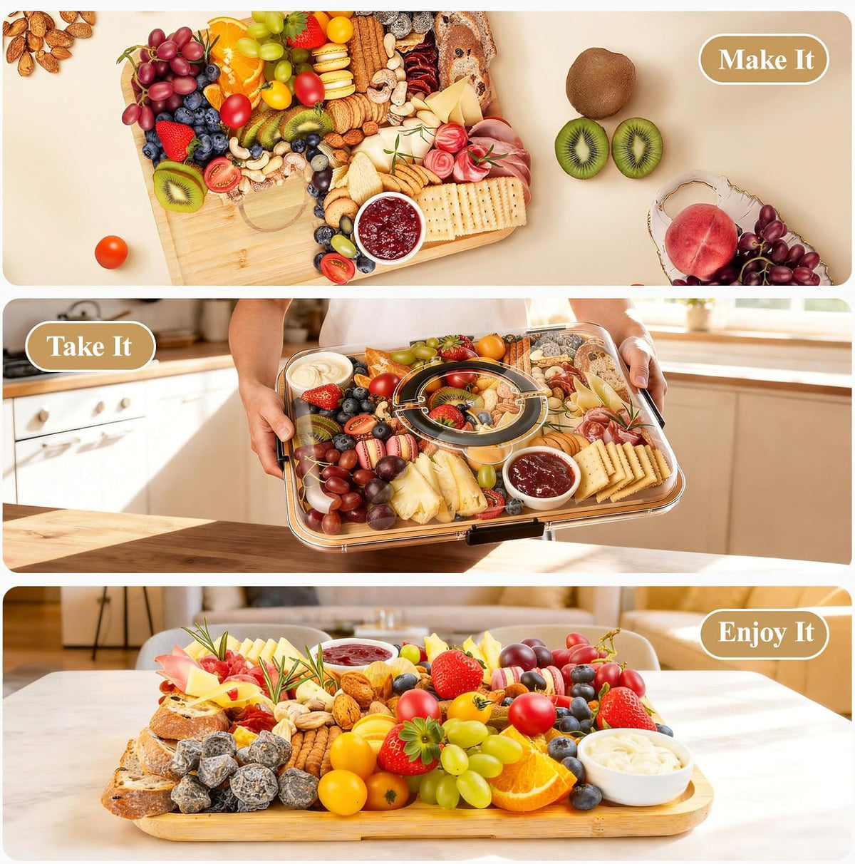 Portable Bamboo Charcuterie Board with Lid, 6 Compartments