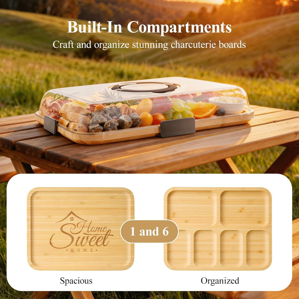 Portable Bamboo Charcuterie Board with Lid, 6 Compartments