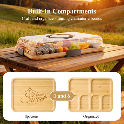Portable Bamboo Charcuterie Board with Lid, 6 Compartments