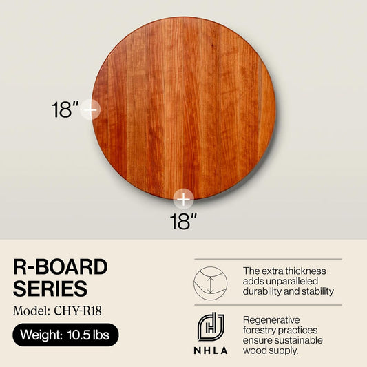 R-Board Series Round Wooden Cherry Cutting Board 18”x18” – 1.5” Thick, 10.5-lb Reversible Butcher Block with Edge-Grain – Made in the USA
