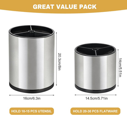 2Pack Kitchen Utensil Holder Set - 360° Rotating Stainless Steel Large Cooking Utensil Stand for Counter, 3 Compartment Flatware Caddy with Removable Base for Knife, Fork & Spoon Organizer - Sliver