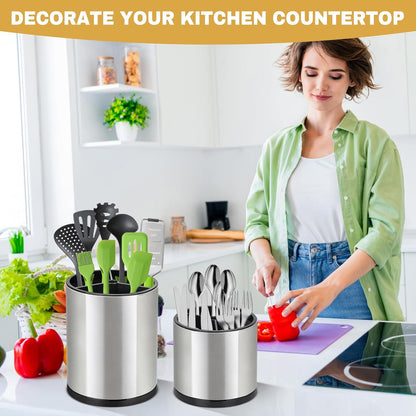 2Pack Kitchen Utensil Holder Set - 360° Rotating Stainless Steel Large Cooking Utensil Stand for Counter, 3 Compartment Flatware Caddy with Removable Base for Knife, Fork & Spoon Organizer - Sliver