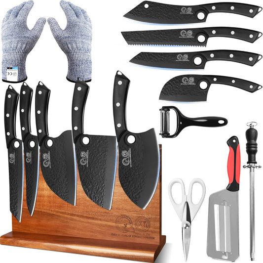 Authentic Since 1986, Kitchen Knife Set with Wooden Magnetic Knife Block, Scissors, Honing Steel, Peeler, Gloves, Vegetable Slicer Cooking Bread Butcher Chef Knives