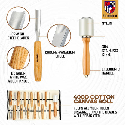 Wood Carving Kit, Wood Carving Tools Set of 12 Chisels and Mallet with Canvas Case Gouges, Wood Whittling Kinves Kit, Carving Knife Set, Woodworking Chisel Set for Beginners, Professionals