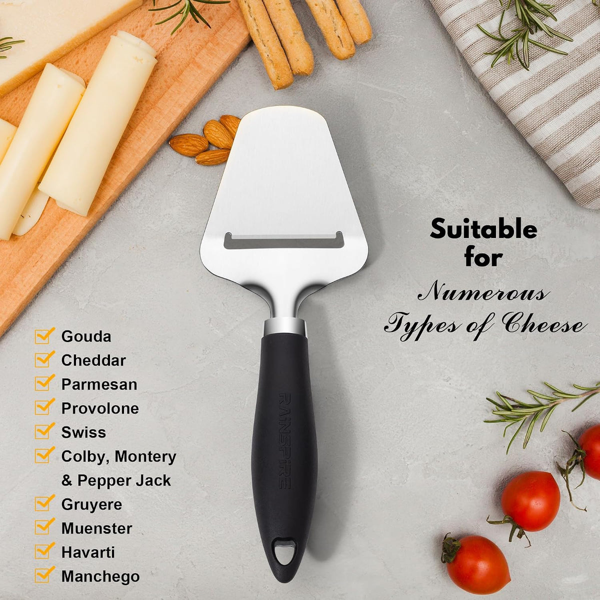 Upgraded Non-Stick Cheese Slicers for Block Cheese Multi-Functional Cheese Cutter for Mozzarella, Cheddar, Gruyere Charcuterie Accessories Dishwasher Safe Kitchen Tools, Black