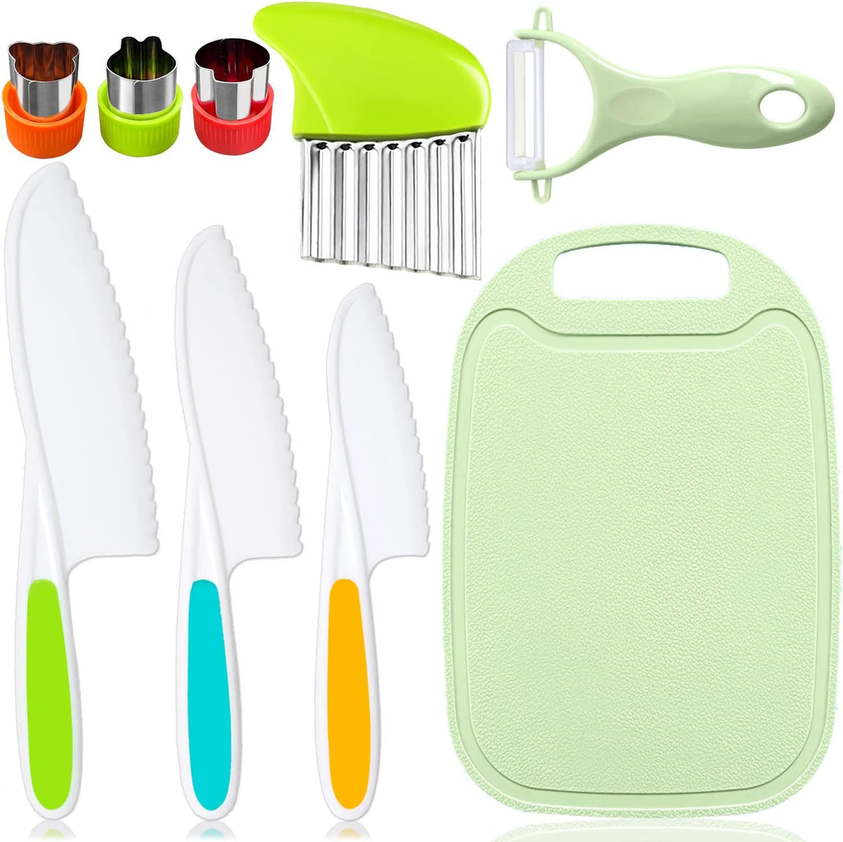 4 Pcs Kids Knife Set, Kids Kitchen Knife with Crinkle Cutter, Serrated Edges Plastic Toddler Chef Knife for Real Cooking & Cutting Fruit Bread