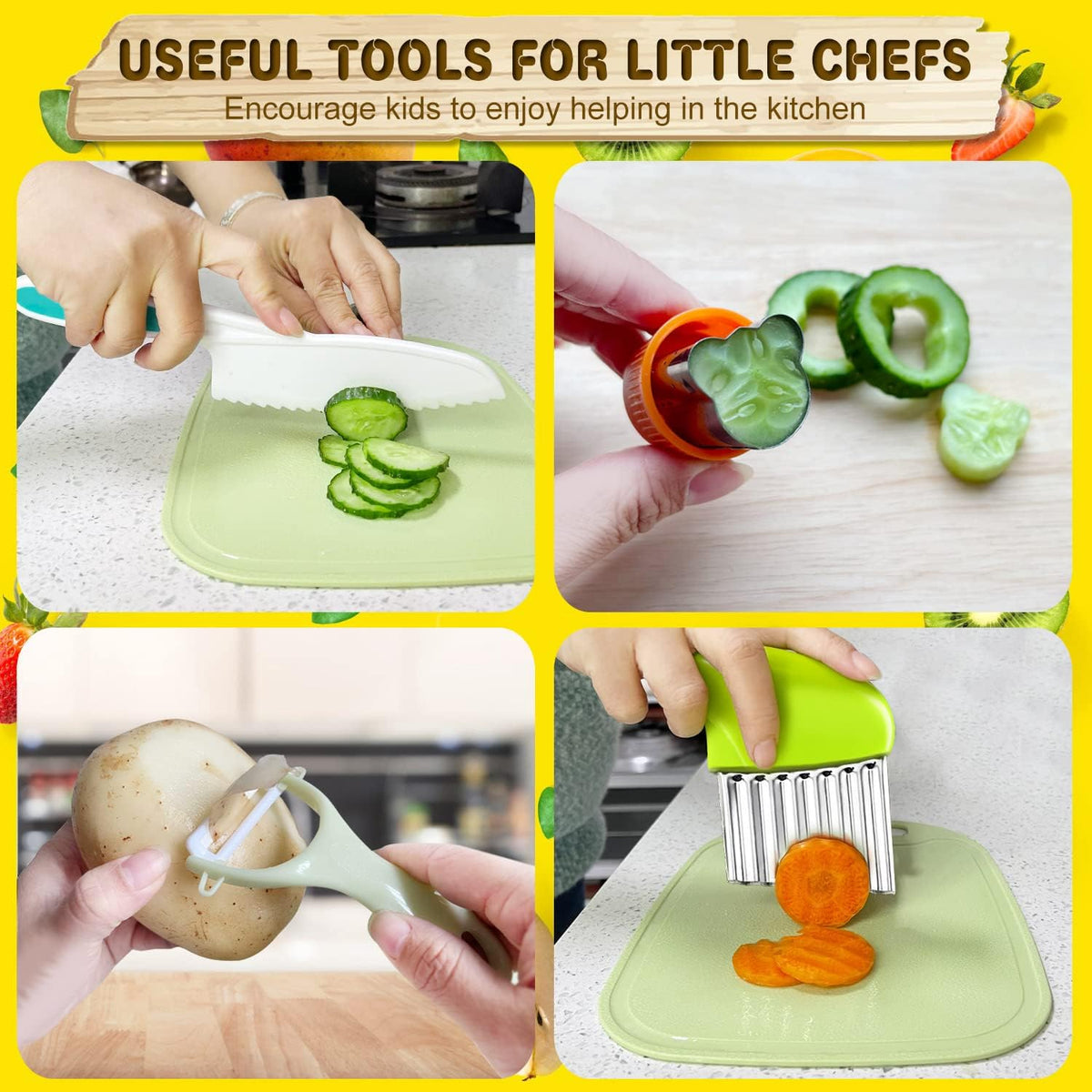 4 Pcs Kids Knife Set, Kids Kitchen Knife with Crinkle Cutter, Serrated Edges Plastic Toddler Chef Knife for Real Cooking & Cutting Fruit Bread