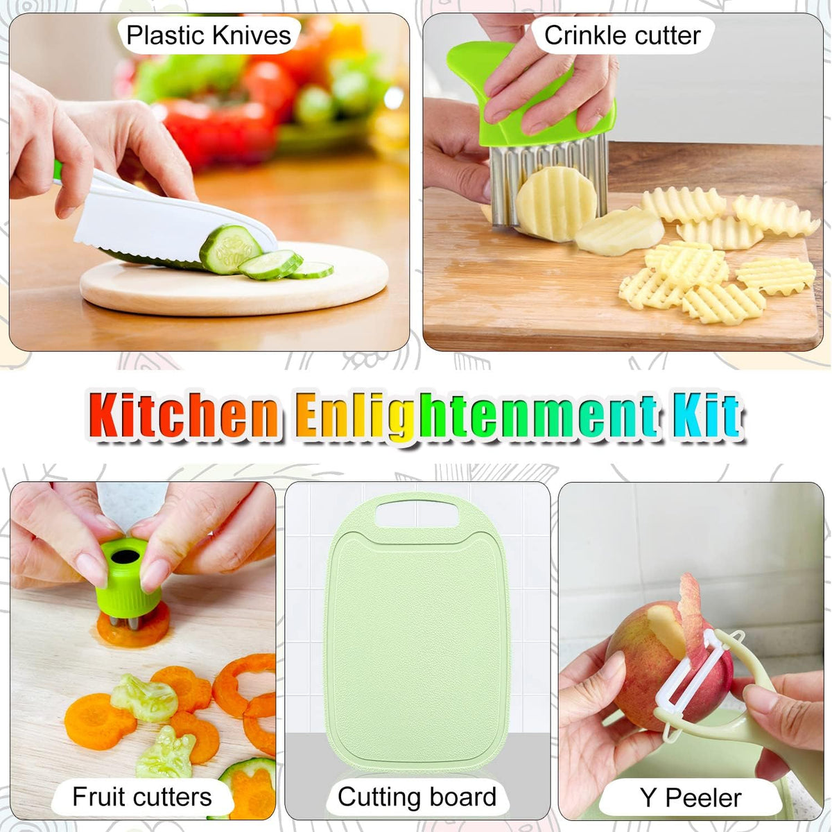 4 Pcs Kids Knife Set, Kids Kitchen Knife with Crinkle Cutter, Serrated Edges Plastic Toddler Chef Knife for Real Cooking & Cutting Fruit Bread