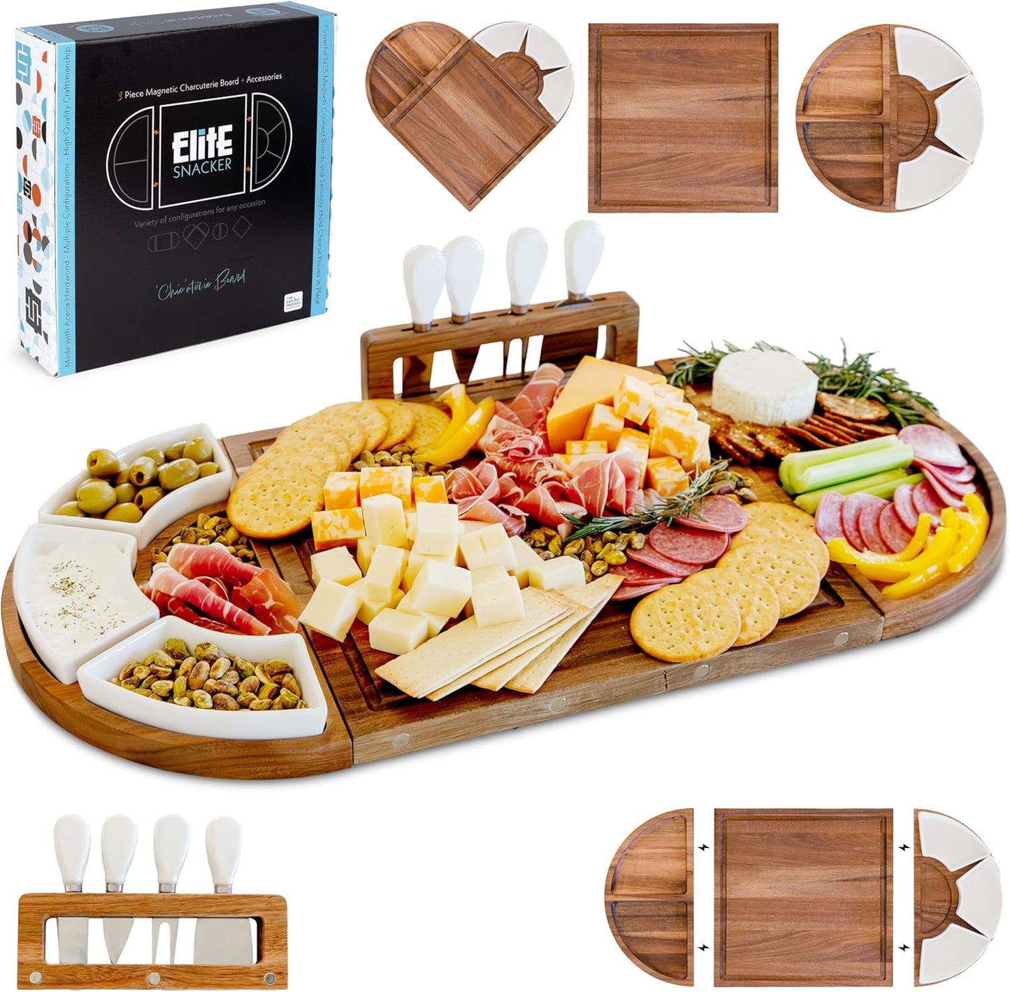 Large Charcuterie Board Set, Acacia Wood, Oil Finish | Magnetic 3-Piece Acacia Wood Design, Reshapes Circle Square Heart, Expands 13 to 26 In, 4 Knives, 3 Dishes, Rich Oiled Grain