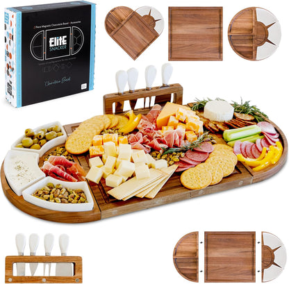 Large Charcuterie Board Set, Acacia Wood, Oil Finish | Magnetic 3-Piece Acacia Wood Design, Reshapes Circle Square Heart, Expands 13 to 26 In, 4 Knives, 3 Dishes, Rich Oiled Grain