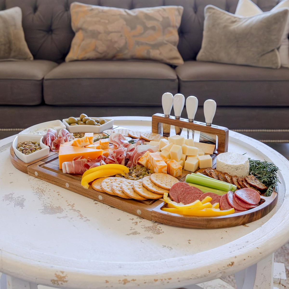 Large Charcuterie Board Set, Acacia Wood, Oil Finish | Magnetic 3-Piece Acacia Wood Design, Reshapes Circle Square Heart, Expands 13 to 26 In, 4 Knives, 3 Dishes, Rich Oiled Grain