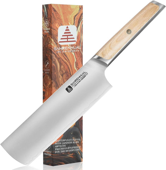 7" Japanese Nakiri Knife, Japanese High Carbon Stainless Steel Chef Knife, Multipurpose Meat Vegetable Sharp Kitchen Knife with Ergonomic Pakkawood Handle