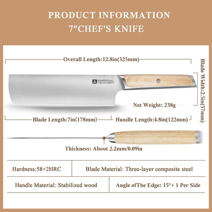 7" Japanese Nakiri Knife, Japanese High Carbon Stainless Steel Chef Knife, Multipurpose Meat Vegetable Sharp Kitchen Knife with Ergonomic Pakkawood Handle