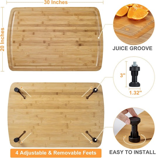 Bamboo Noodle Board Stove Cover 30x20 in, Wood Stove Top Cover Cutting Board with Adjustable Legs & Juice Grooves, RV Sink Cover Butcher Block for Small Spaces Apartments, Natural