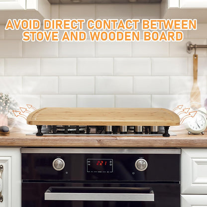 Bamboo Noodle Board Stove Cover 30x20 in, Wood Stove Top Cover Cutting Board with Adjustable Legs & Juice Grooves, RV Sink Cover Butcher Block for Small Spaces Apartments, Natural