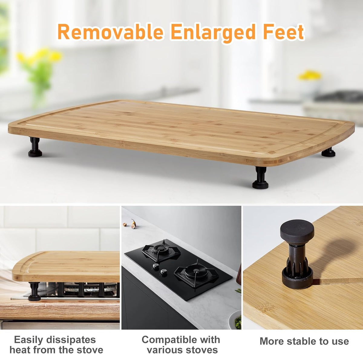 Bamboo Noodle Board Stove Cover 30x20 in, Wood Stove Top Cover Cutting Board with Adjustable Legs & Juice Grooves, RV Sink Cover Butcher Block for Small Spaces Apartments, Natural