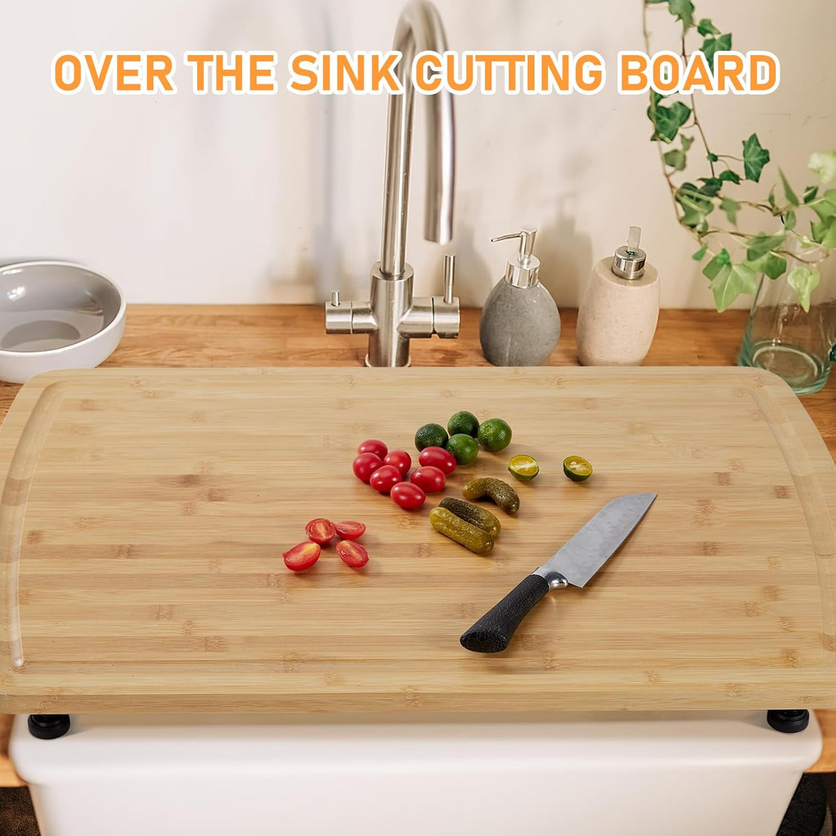 Bamboo Noodle Board Stove Cover 30x20 in, Wood Stove Top Cover Cutting Board with Adjustable Legs & Juice Grooves, RV Sink Cover Butcher Block for Small Spaces Apartments, Natural