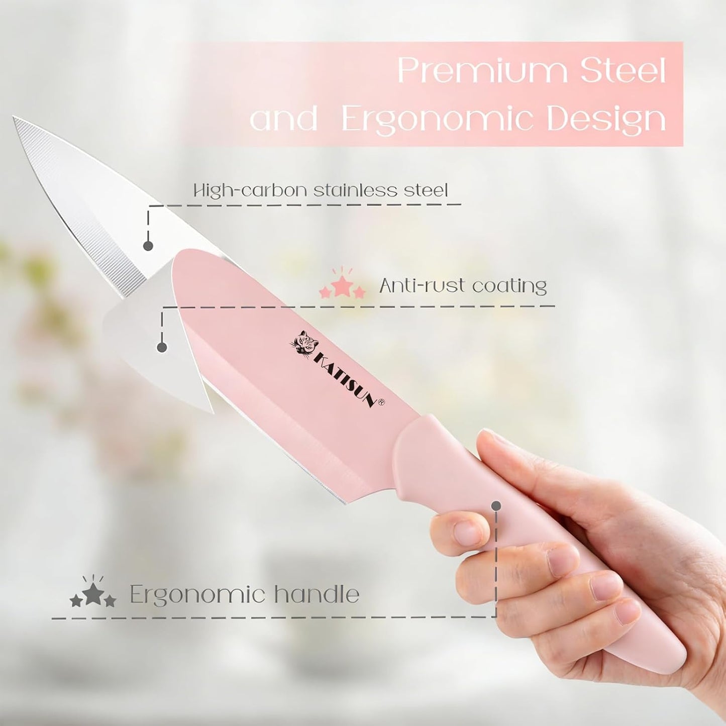 Kitchen Knife Set with Block, 14 Piece Rainbow Titanium Coated Stainless Steel Knives Set, Anti-Rust and Dishwasher Safe, 12 Knives with Kitchen Shears and Block