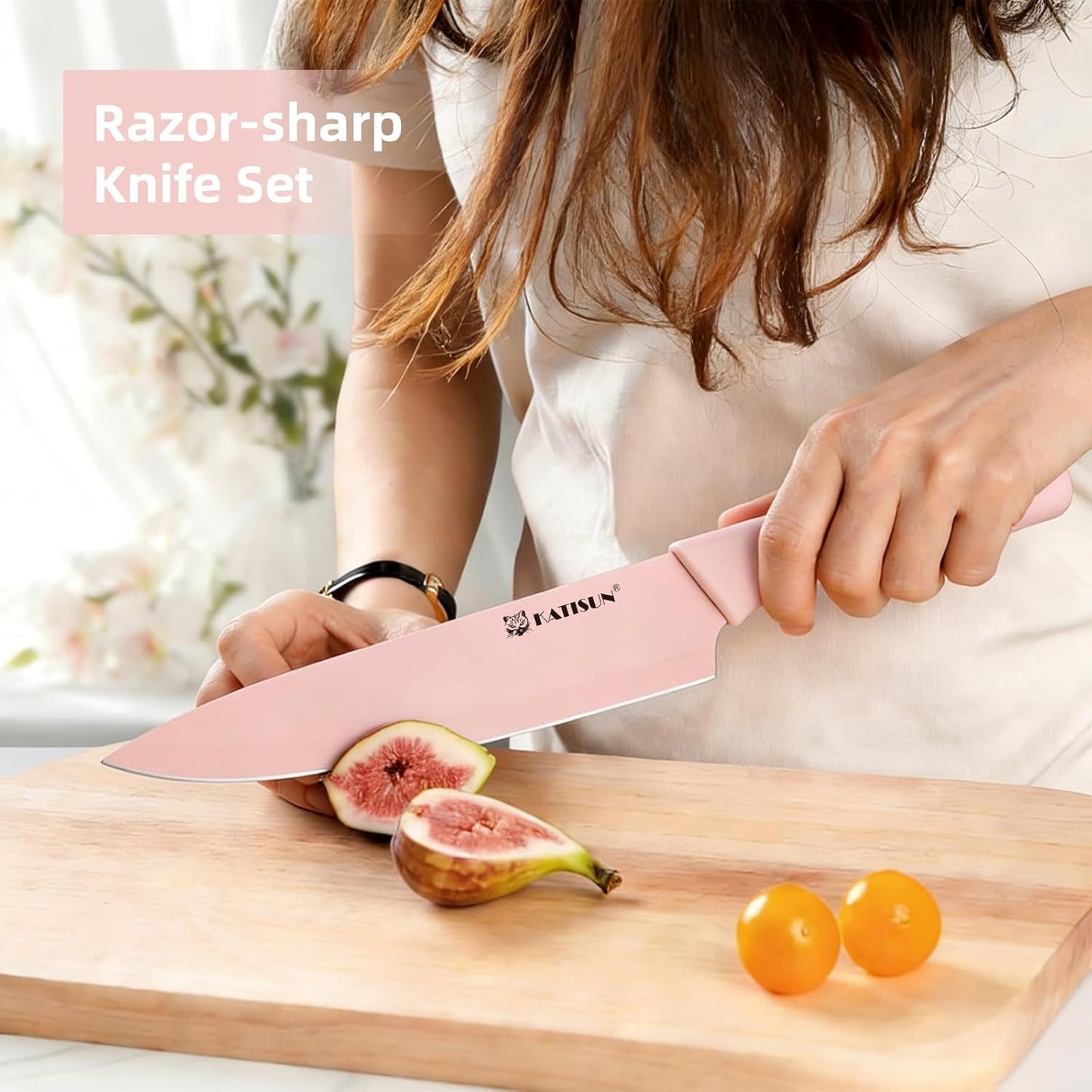 Kitchen Knife Set with Block, 14 Piece Rainbow Titanium Coated Stainless Steel Knives Set, Anti-Rust and Dishwasher Safe, 12 Knives with Kitchen Shears and Block