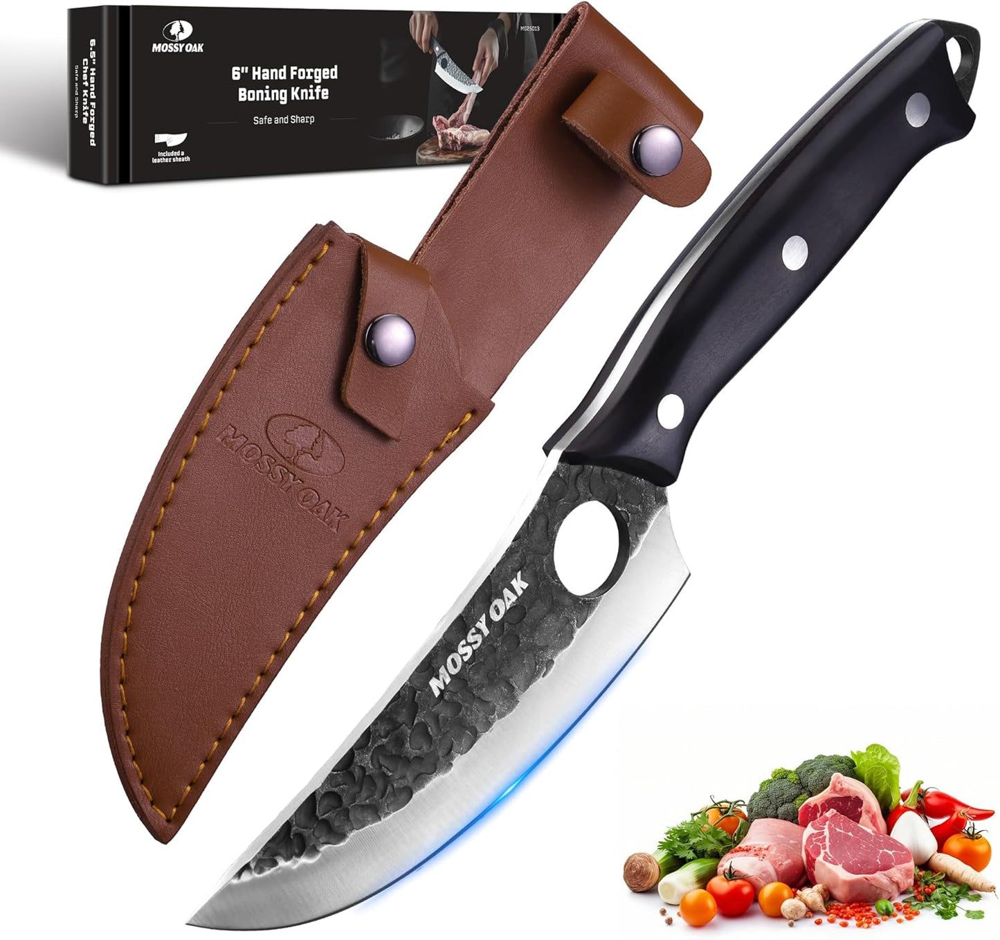 Chef Knife, Kitchen Knife for Boning, Cutting, and Chopping, Hand Forged Viking Knife Full Tang Handle with Genuine Leather Sheath, Meat Cleaver Knife for Outdoor Cooking, Camping and BBQ