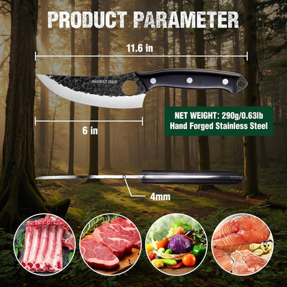 Chef Knife, Kitchen Knife for Boning, Cutting, and Chopping, Hand Forged Viking Knife Full Tang Handle with Genuine Leather Sheath, Meat Cleaver Knife for Outdoor Cooking, Camping and BBQ