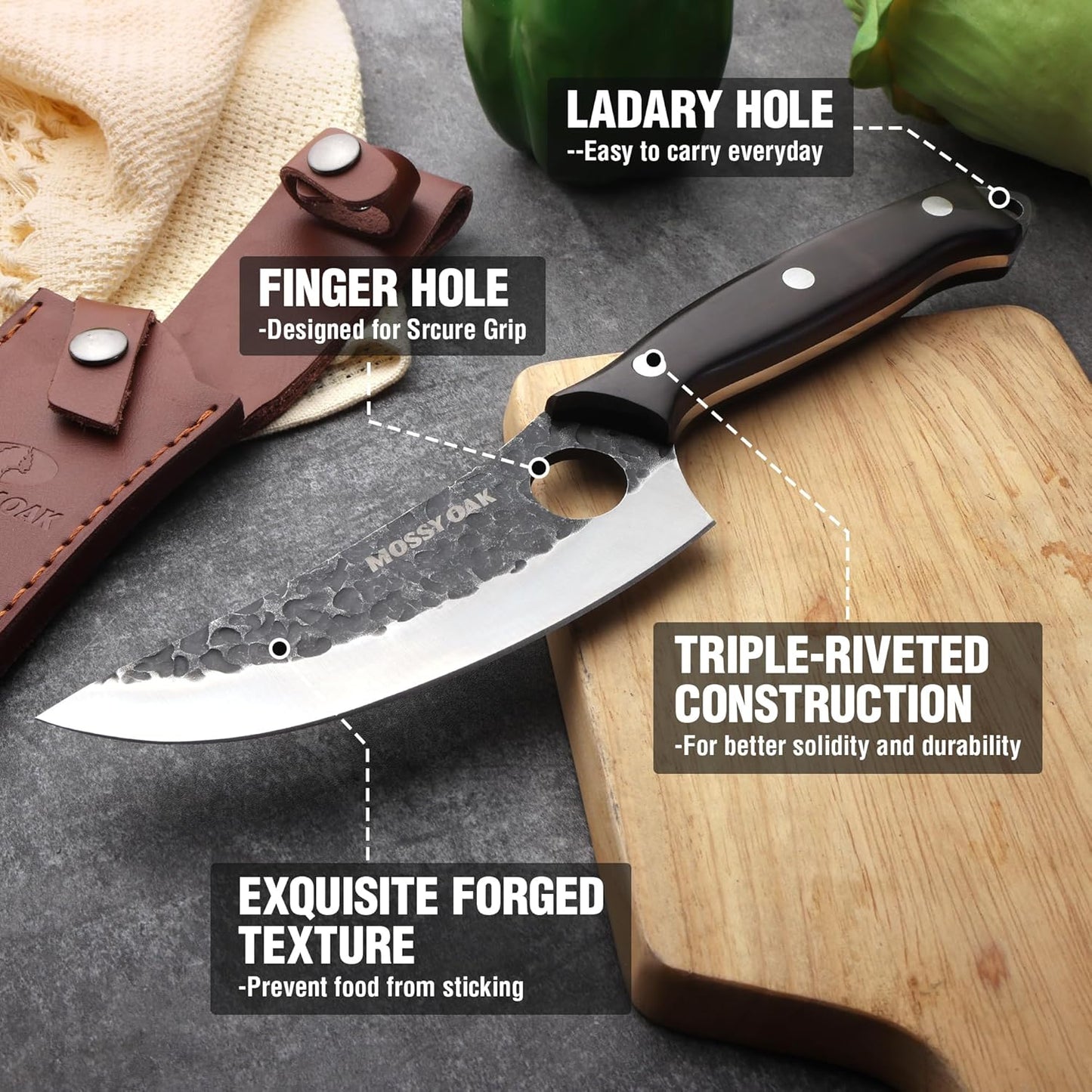 Chef Knife, Kitchen Knife for Boning, Cutting, and Chopping, Hand Forged Viking Knife Full Tang Handle with Genuine Leather Sheath, Meat Cleaver Knife for Outdoor Cooking, Camping and BBQ