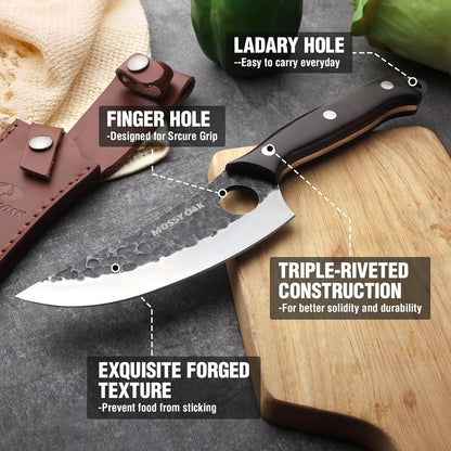 Chef Knife, Kitchen Knife for Boning, Cutting, and Chopping, Hand Forged Viking Knife Full Tang Handle with Genuine Leather Sheath, Meat Cleaver Knife for Outdoor Cooking, Camping and BBQ