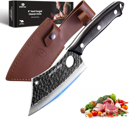 Chef Knife, Kitchen Knife for Boning, Cutting, and Chopping, Hand Forged Viking Knife Full Tang Handle with Genuine Leather Sheath, Meat Cleaver Knife for Outdoor Cooking, Camping and BBQ