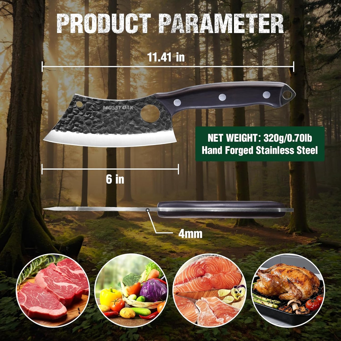 Chef Knife, Kitchen Knife for Boning, Cutting, and Chopping, Hand Forged Viking Knife Full Tang Handle with Genuine Leather Sheath, Meat Cleaver Knife for Outdoor Cooking, Camping and BBQ
