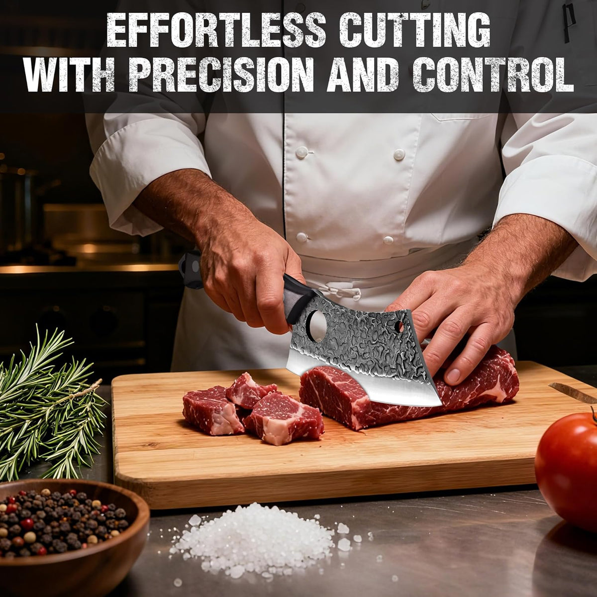Chef Knife, Kitchen Knife for Boning, Cutting, and Chopping, Hand Forged Viking Knife Full Tang Handle with Genuine Leather Sheath, Meat Cleaver Knife for Outdoor Cooking, Camping and BBQ