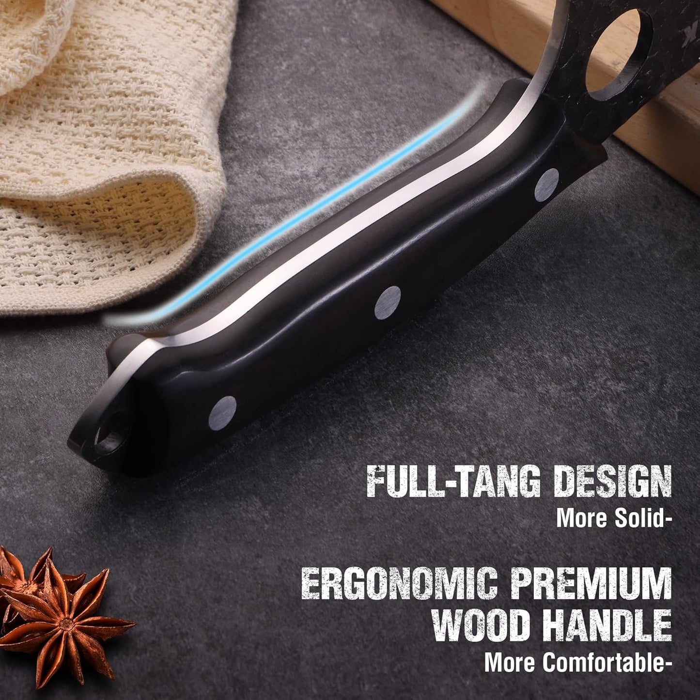 Chef Knife, Kitchen Knife for Boning, Cutting, and Chopping, Hand Forged Viking Knife Full Tang Handle with Genuine Leather Sheath, Meat Cleaver Knife for Outdoor Cooking, Camping and BBQ