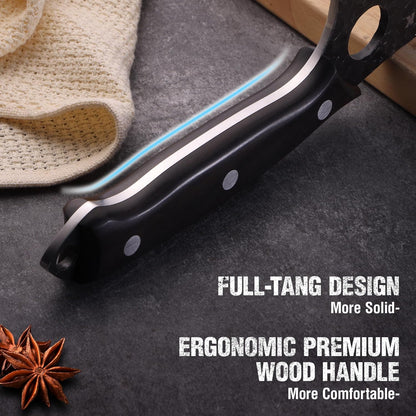 Chef Knife, Kitchen Knife for Boning, Cutting, and Chopping, Hand Forged Viking Knife Full Tang Handle with Genuine Leather Sheath, Meat Cleaver Knife for Outdoor Cooking, Camping and BBQ