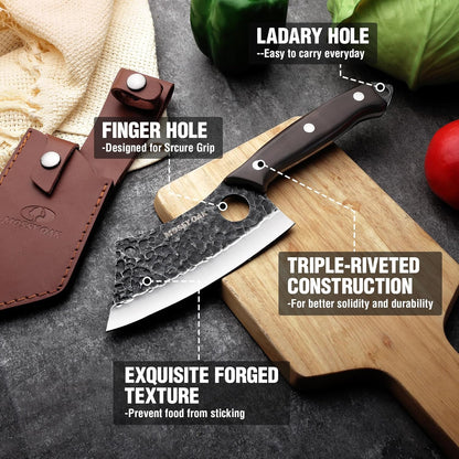 Chef Knife, Kitchen Knife for Boning, Cutting, and Chopping, Hand Forged Viking Knife Full Tang Handle with Genuine Leather Sheath, Meat Cleaver Knife for Outdoor Cooking, Camping and BBQ