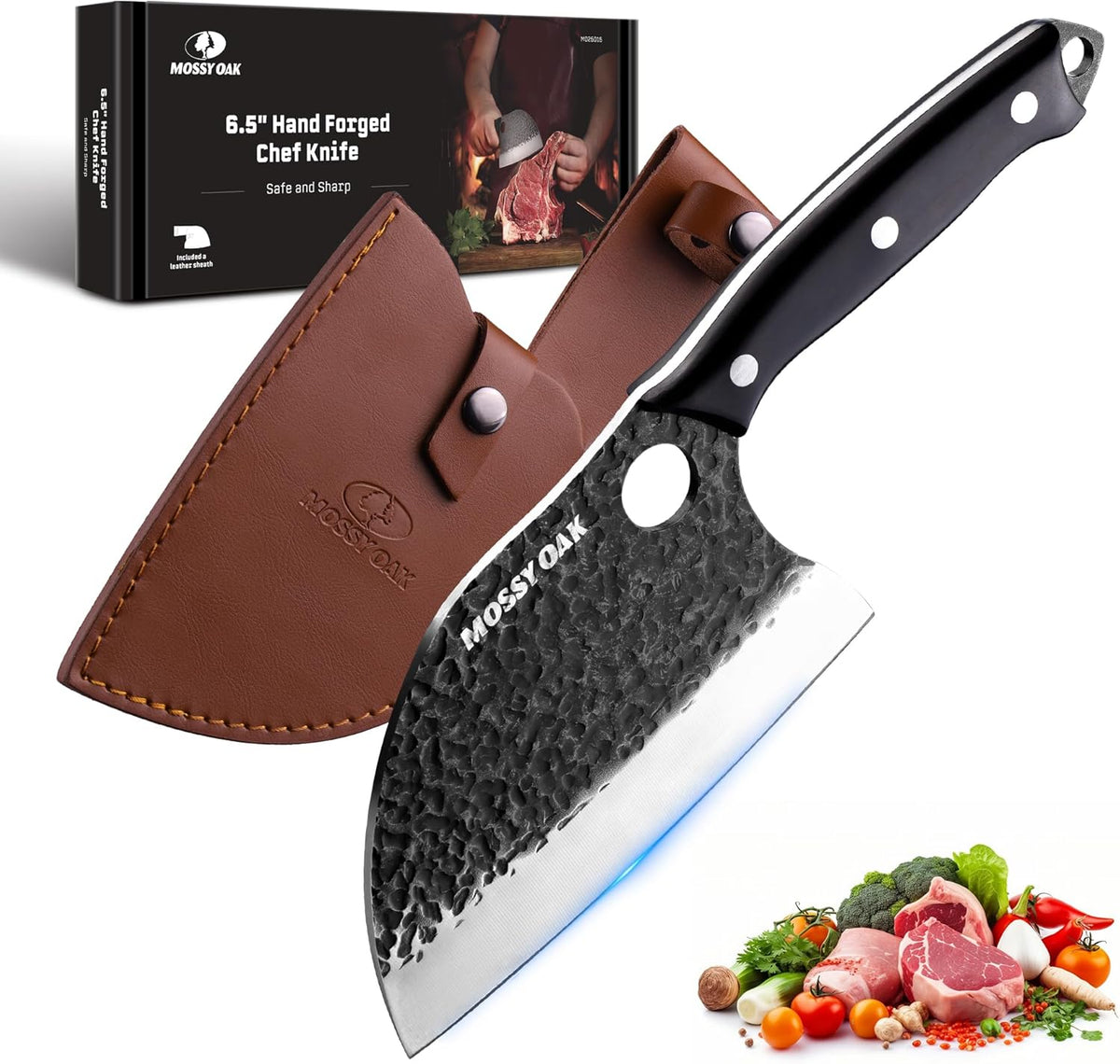 Chef Knife, Kitchen Knife for Boning, Cutting, and Chopping, Hand Forged Viking Knife Full Tang Handle with Genuine Leather Sheath, Meat Cleaver Knife for Outdoor Cooking, Camping and BBQ
