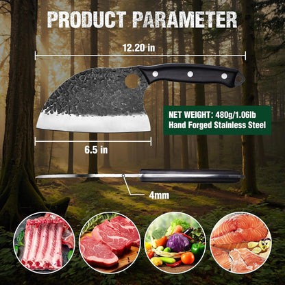 Chef Knife, Kitchen Knife for Boning, Cutting, and Chopping, Hand Forged Viking Knife Full Tang Handle with Genuine Leather Sheath, Meat Cleaver Knife for Outdoor Cooking, Camping and BBQ