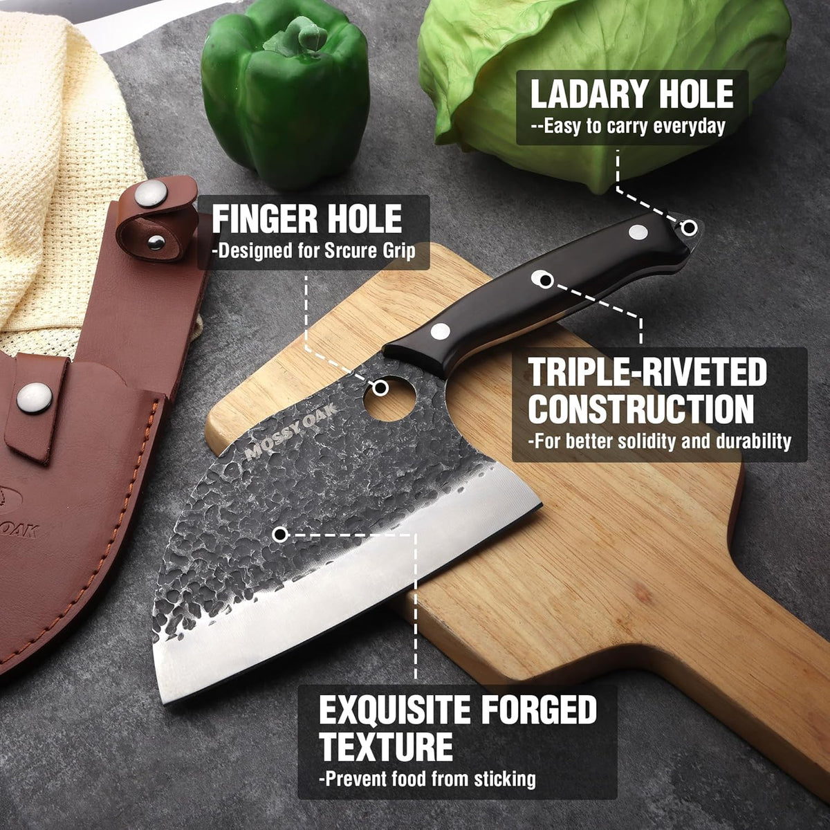 Chef Knife, Kitchen Knife for Boning, Cutting, and Chopping, Hand Forged Viking Knife Full Tang Handle with Genuine Leather Sheath, Meat Cleaver Knife for Outdoor Cooking, Camping and BBQ