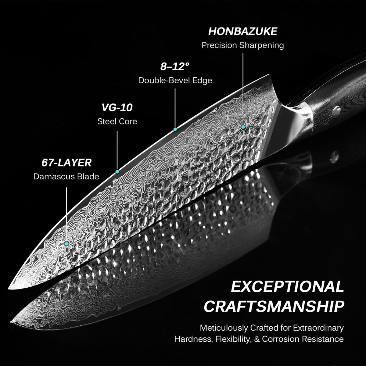 Chef Knife - 8"- Shogun Series Japanese Style VG10 Steel Core Hammered Damascus Blade Kitchen Knife - with Sheath & Case