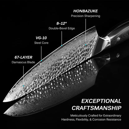 Chef Knife - 8"- Shogun Series Japanese Style VG10 Steel Core Hammered Damascus Blade Kitchen Knife - with Sheath & Case