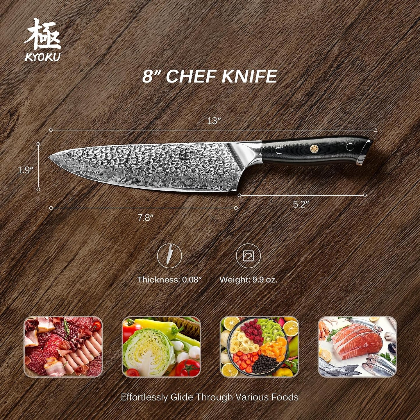 Chef Knife - 8"- Shogun Series Japanese Style VG10 Steel Core Hammered Damascus Blade Kitchen Knife - with Sheath & Case