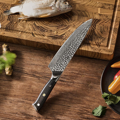 Chef Knife - 8"- Shogun Series Japanese Style VG10 Steel Core Hammered Damascus Blade Kitchen Knife - with Sheath & Case