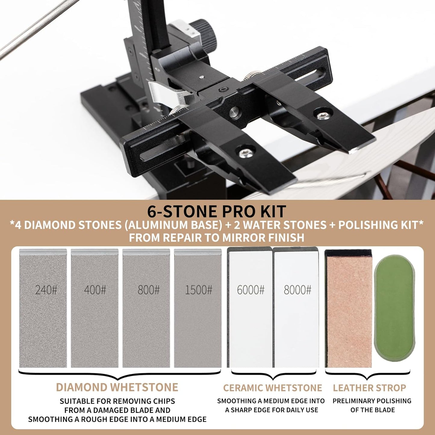 CWOVRS Knife Sharpening System, Precision Adjust Knife Sharpener 9–25°, CNC Aluminium, Dual Knife-Clip Knife Sharpening Kit W/ 360° Flip, 2-Sided Stone Clamp, 6 Stones Kit for Chef Kitchen Knives