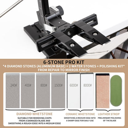CWOVRS Knife Sharpening System, Precision Adjust Knife Sharpener 9–25°, CNC Aluminium, Dual Knife-Clip Knife Sharpening Kit W/ 360° Flip, 2-Sided Stone Clamp, 6 Stones Kit for Chef Kitchen Knives