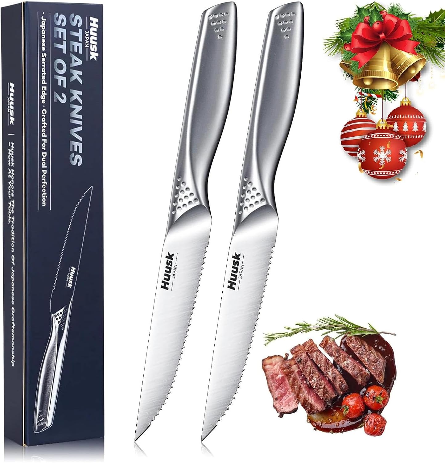 Huusk Steak Knives Set of 2, 4.5 Inch Serrated Dinner Knife with Gift Box | One-Piece High Carbon Steel Dinnerware Design with Ergonomic Metallic Handle, Japanese Stake Knife Set for Culinary BBQ